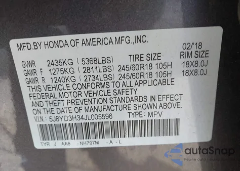 2018 Acura Mdx z USA, uszkodzony, nr VIN 5J8YD3H34JL005596